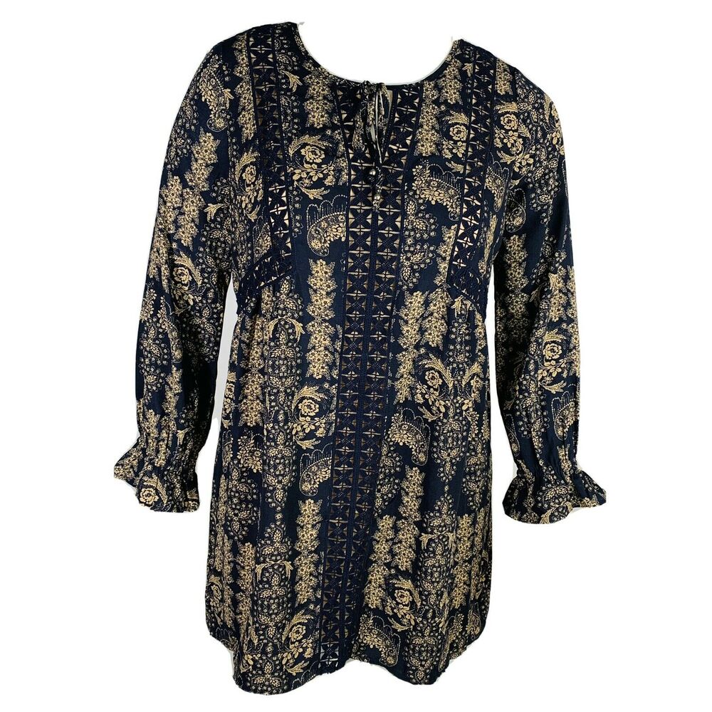 New Skies Are Blue Womans Large Dress Floral Lace Long Sleeve Blue Tan NWT